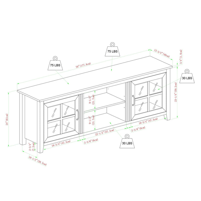 70" Farmhouse Simple Window Pane 2 Door Wood TV Stand - Luxio