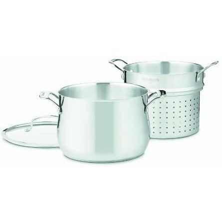 Cuisinart Contour Stainless 6 Quart 3 Piece Pasta Pot with cover, white background
