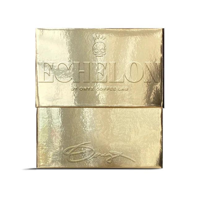 Onyx Echelon 10 Ounce bag of whole bean coffee, golden exterior with skull with crown emblem