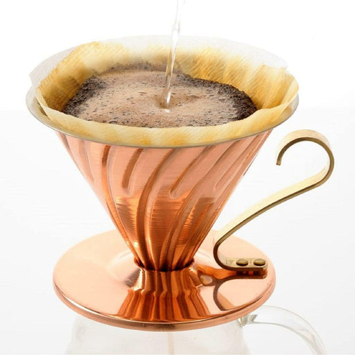 V60 Copper dripper pourover with coffee grounds and filter