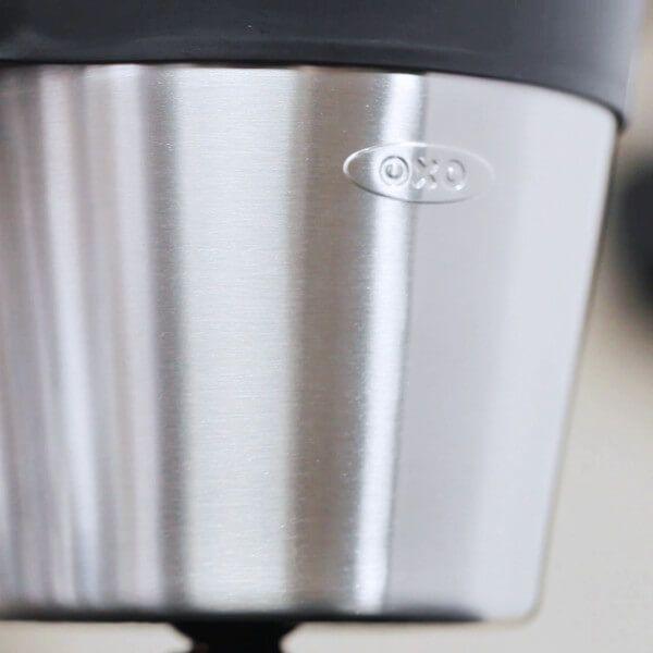 Close up of oxo 9 cup chamber, stainless steel with OXO logo on it