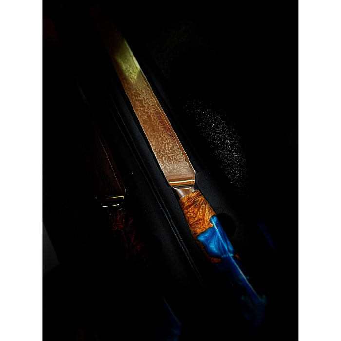 Spaceman Knives - Brisker Slicer - Damascus Steel - Blue Epoxy & Wood Handle - Luxio
